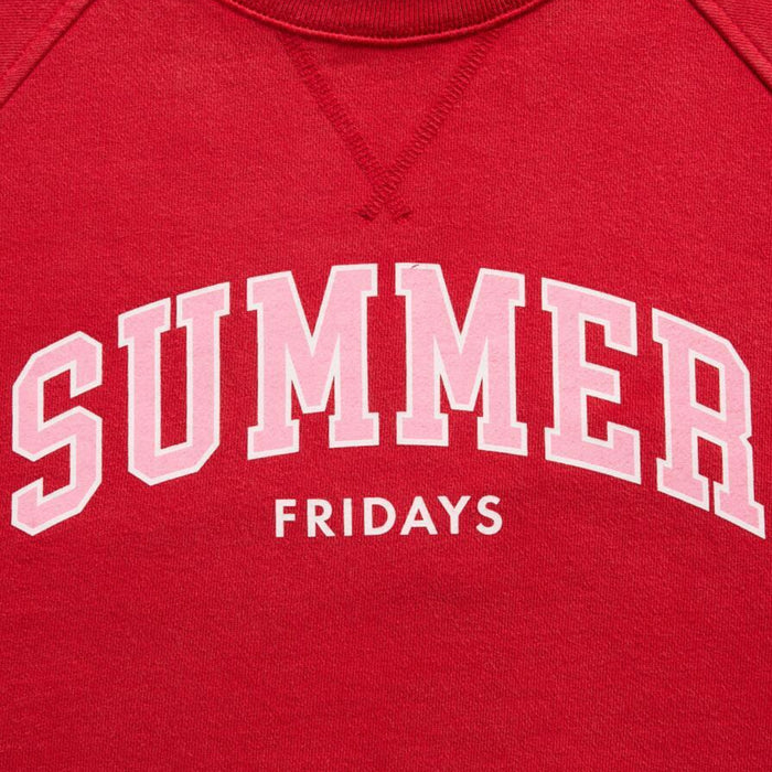 Red sweatshirt with 'SUMMER FRIDAYS' text in white