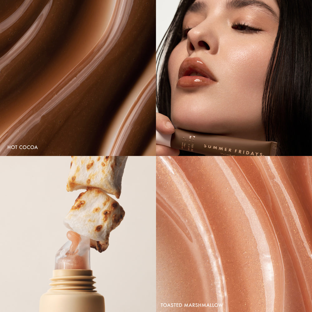 Collage of a lipstick with 'Hot Cocoa' swatch, a woman applying the lipstick, a 'Summer Fridays' product, and 'Toasted Marshmallow' swatch.