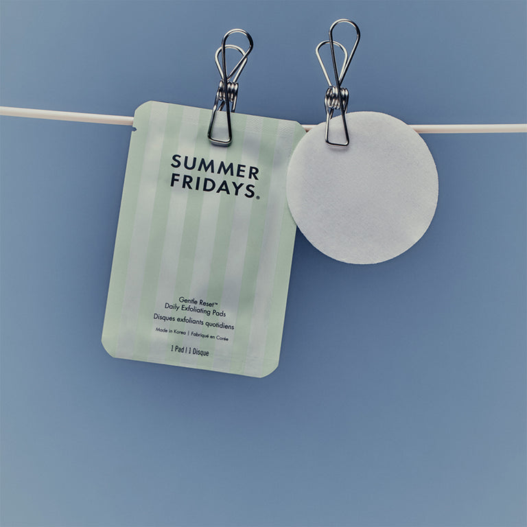 Green facial sheet mask with 'Summer Fridays' branding on a blue background