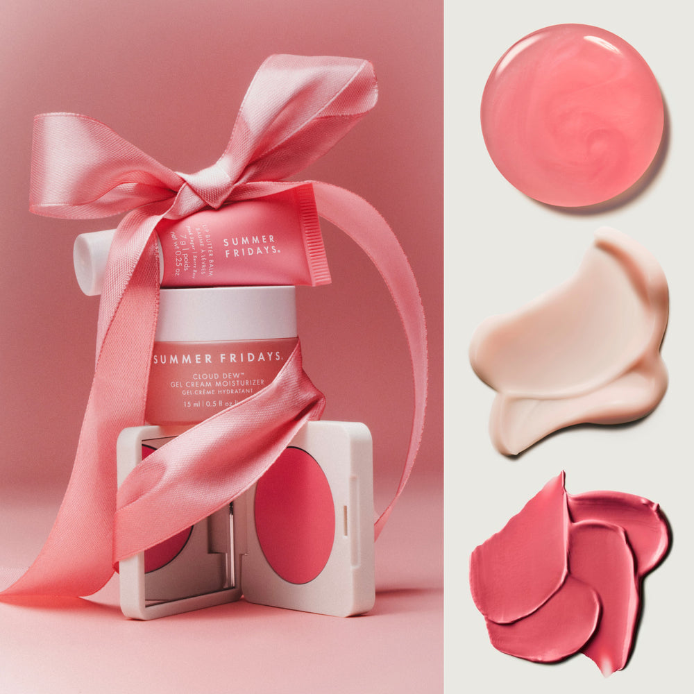 Pink cosmetic product with a bow and color swatches on a pink background