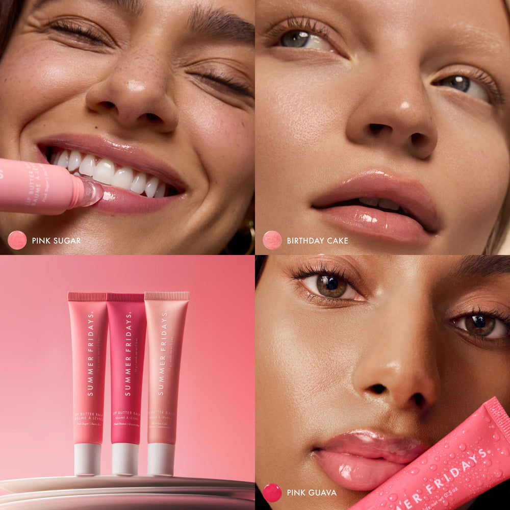 Collage of a woman applying pink lip gloss with close-ups of her lips and a product display.